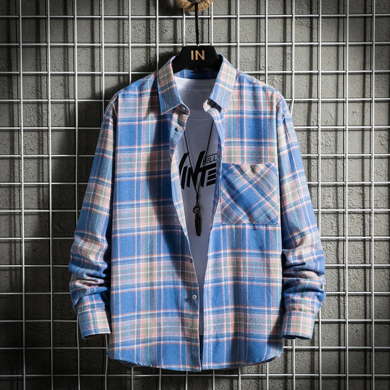 Men's Clothing Fashion Cotton Shirts Single Pocket Long Sleeve Youthful Soft Casual Plaid Checkered Top Male Shirts  for men