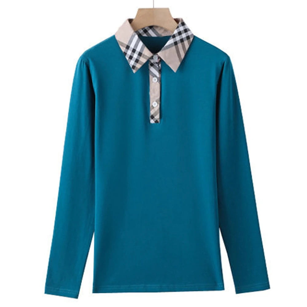 Clothing T-shirt, women's lapel top, contrasting collar, long sleeved shirt, knitted cotton, all season wear, blue, pink, black