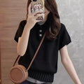 Women's Clothing Vintage All-match Solid Knit T-shirt Summer Fashion Turn-down Collar Button Short Sleeve Pullove Lady Y2k Tops