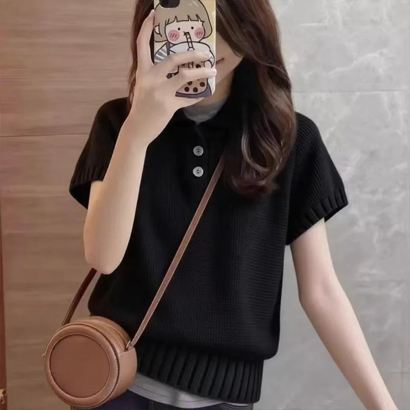 Women's Clothing Vintage All-match Solid Knit T-shirt Summer Fashion Turn-down Collar Button Short Sleeve Pullove Lady Y2k Tops