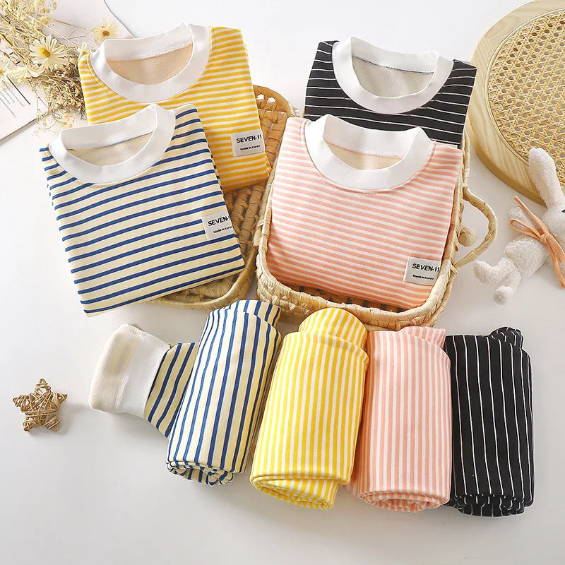 Children's Home Clothing, Autumn and Winter Warm Clothes, Girls' Long Sleeved Top with Plush Bottom, Boys' Top and Pants Set