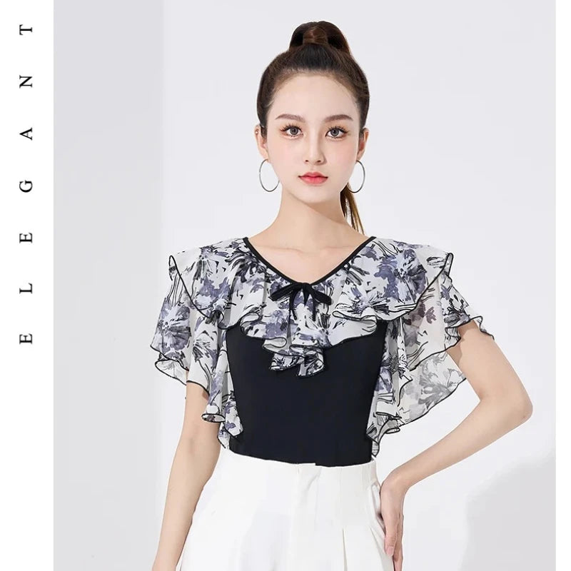 Line dance clothing women Latin Dance Top party dresses Practice Ballroom Training Clothes printing shirt Modern samba Dancewear