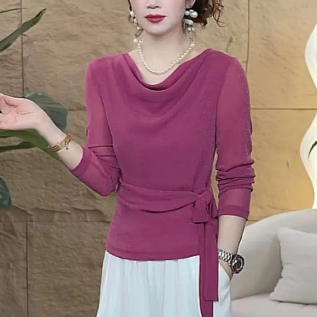 Women's Clothing Early Autumn New Fashion Tops Strappy Tees Collar Long-sleeved T-Shirts Versatile Shirt