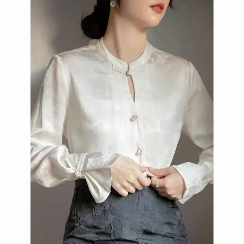 Women's Clothing Chinese Style Button-up Tees Brocade Collar Shirt