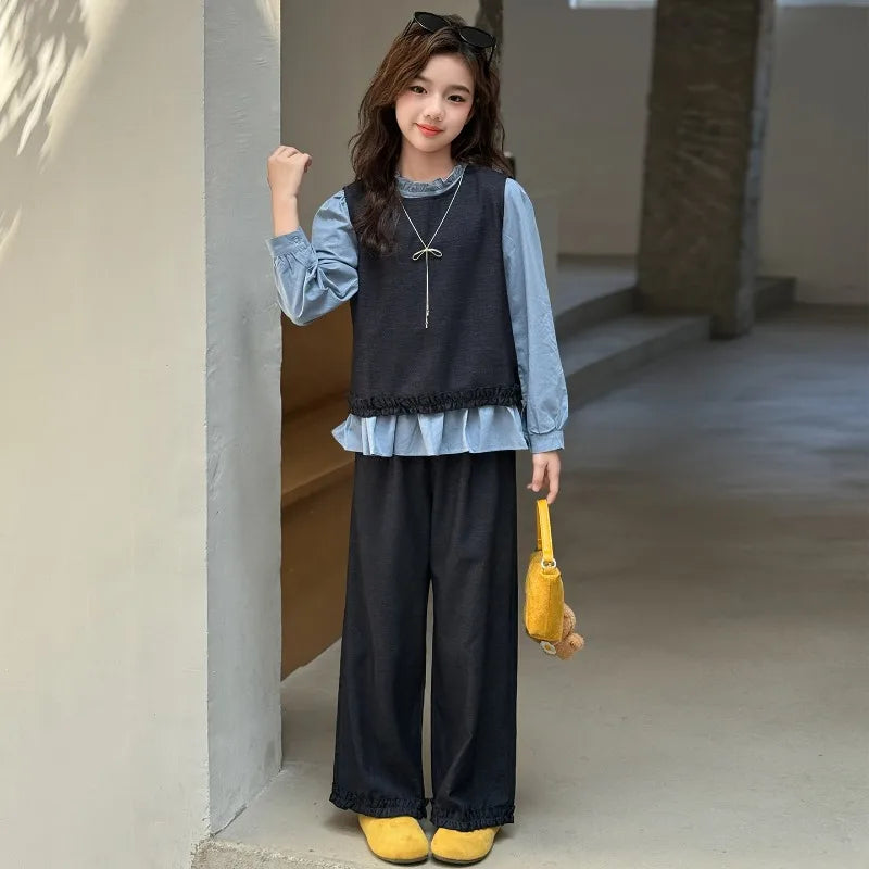Back To School Clothing for Girls Outfits Set Toddler Kids Vest +Blue Shirt + Pants 3pcs Teens Kids Costumes