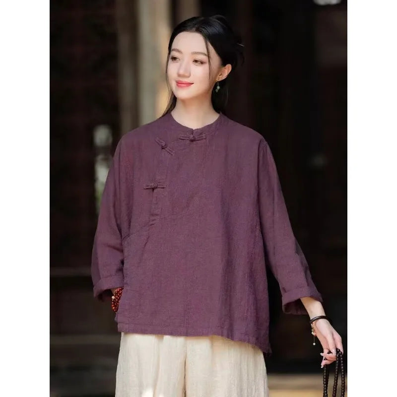 Chinese Style Clothing 2-piece Set Women's Autumn Cotton Linen Long Sleeve Top Loose Trousers Retro Diagonal Placket Set Pants