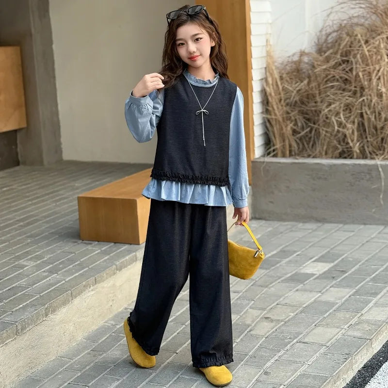 Back To School Clothing for Girls Outfits Set Toddler Kids Vest +Blue Shirt + Pants 3pcs Teens Kids Costumes