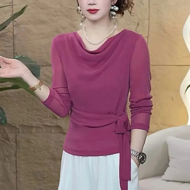 Women's Clothing Early Autumn New Fashion Tops Strappy Tees Collar Long-sleeved T-Shirts Versatile Shirt