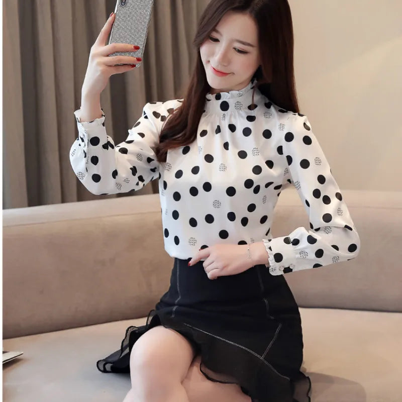 Autumn Fashion Women Chiffon Shirts Long Sleeve Polka Dot ruffless Women Blouses Casual Stand Collar Women Tops
