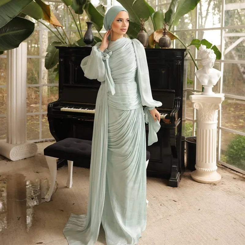 Islamic Clothing Modest Fashion Kaftan Luxury Organza Dress Women Shiny Modest Dress Elegant Ruffle Design Evening Gown