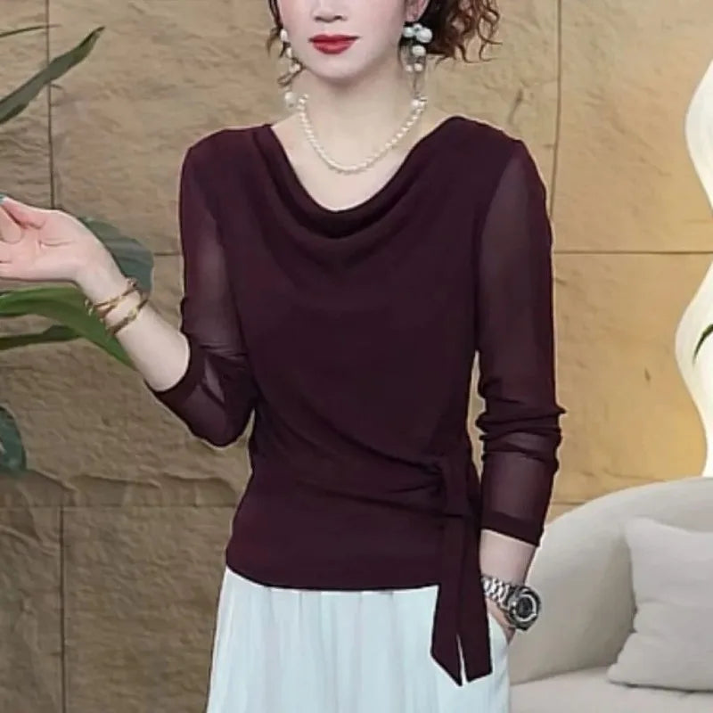 Women's Clothing Early Autumn New Fashion Tops Strappy Tees Collar Long-sleeved T-Shirts Versatile Shirt