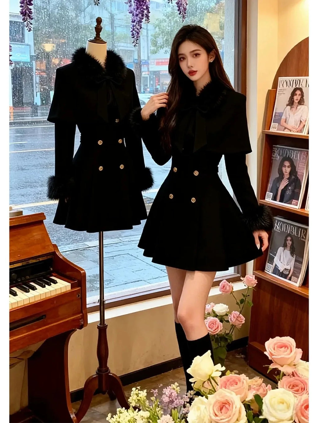 Woolen Cloak Dress Set for Women Autumn Winter High Waist  Knot Mid-Length Fashionable Two-Piece Suit