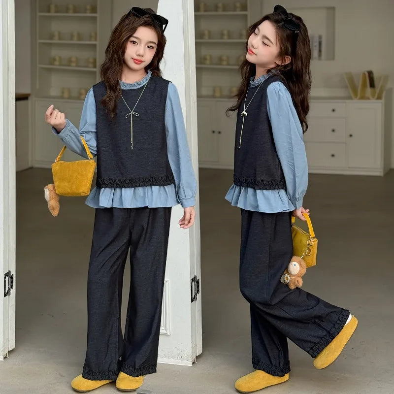Back To School Clothing for Girls Outfits Set Toddler Kids Vest +Blue Shirt + Pants 3pcs Teens Kids Costumes