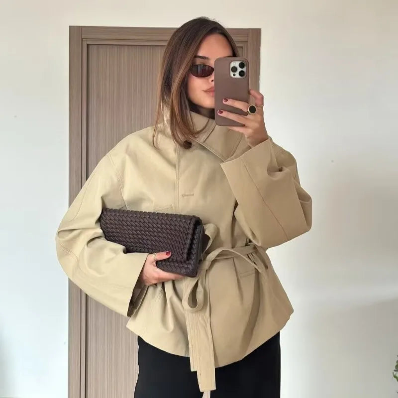 Cross-border European and American Women's Clothing  Popular Spring and Autumn Fashion Temperament Casual with Belt Trench Coat