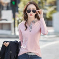 Clothing T-shirt, women's lapel top, contrasting collar, long sleeved shirt, knitted cotton, all season wear, blue, pink, black