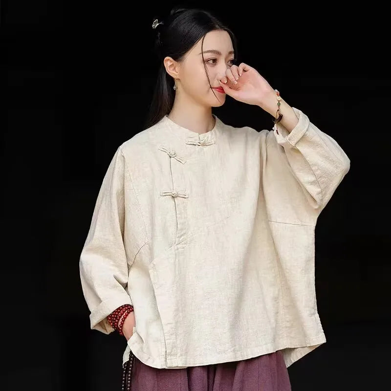Chinese Style Clothing 2-piece Set Women's Autumn Cotton Linen Long Sleeve Top Loose Trousers Retro Diagonal Placket Set Pants