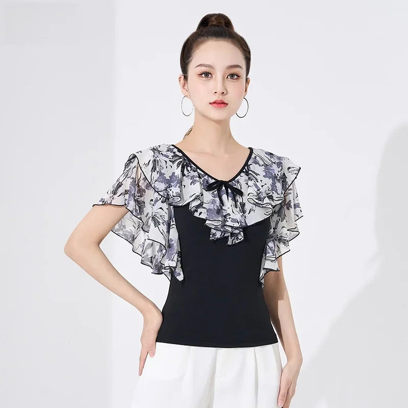 Line dance clothing women Latin Dance Top party dresses Practice Ballroom Training Clothes printing shirt Modern samba Dancewear