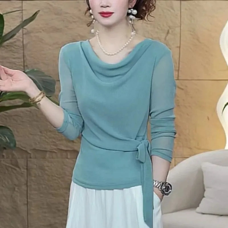 Women's Clothing Early Autumn New Fashion Tops Strappy Tees Collar Long-sleeved T-Shirts Versatile Shirt