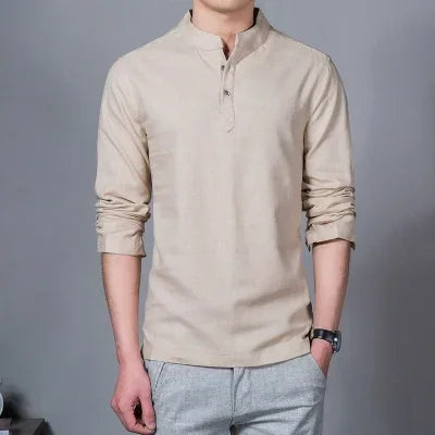Men's Clothing  Men Spring Tops & Tees Male Fashion T-Shirts Stand Collar Long-sleeved Slim Base Shirt Homme Linen t-shirt