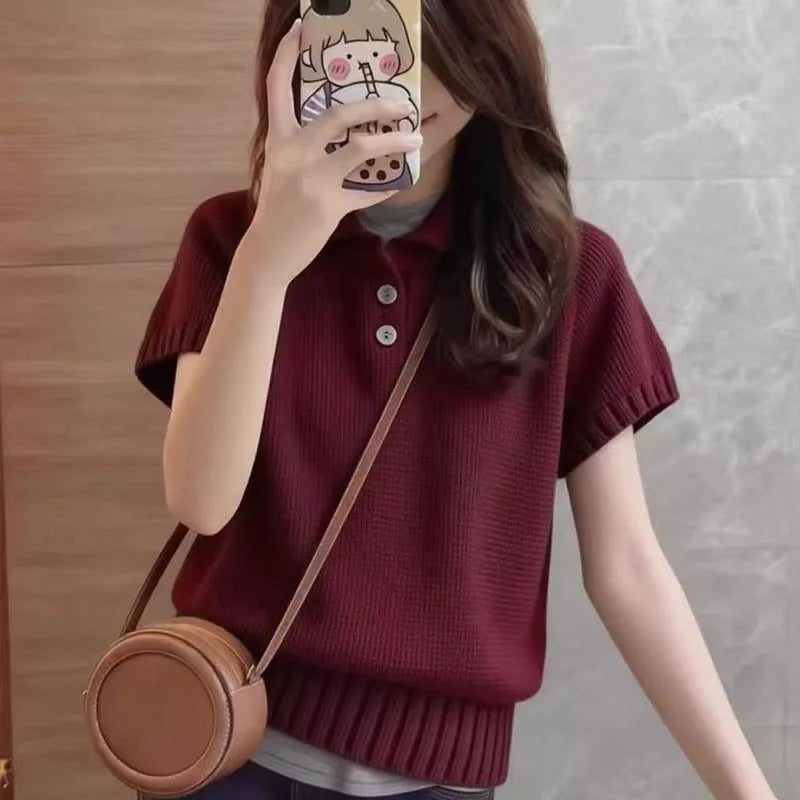 Women's Clothing Vintage All-match Solid Knit T-shirt Summer Fashion Turn-down Collar Button Short Sleeve Pullove Lady Y2k Tops