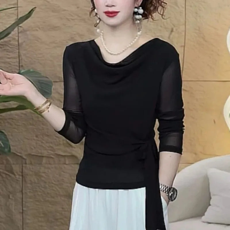 Women's Clothing Early Autumn New Fashion Tops Strappy Tees Collar Long-sleeved T-Shirts Versatile Shirt