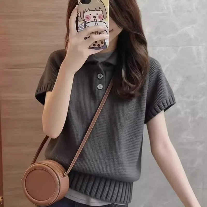 Women's Clothing Vintage All-match Solid Knit T-shirt Summer Fashion Turn-down Collar Button Short Sleeve Pullove Lady Y2k Tops