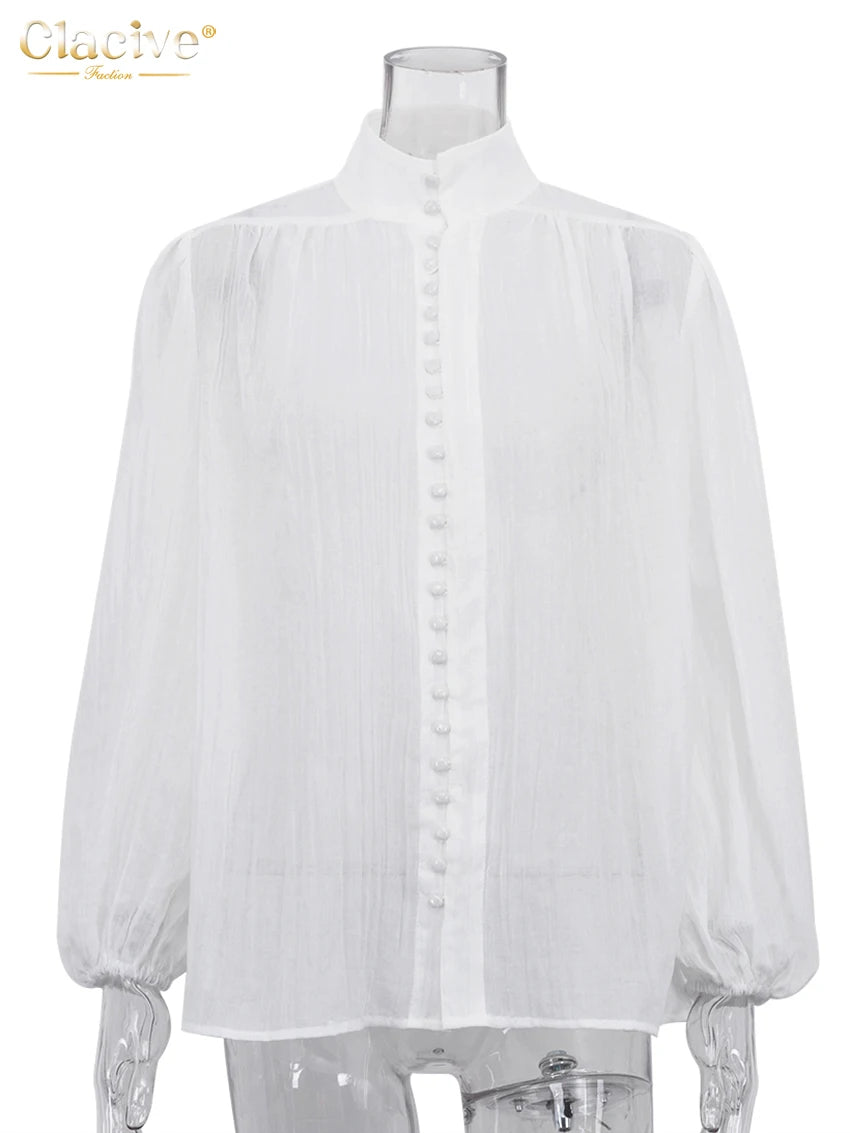 Clacive Fashion White Cotton Woman Blouse  Elegant Stand Collar Puff Sleeve Shirts Casaul Classic Blusa Tops Female Clothing