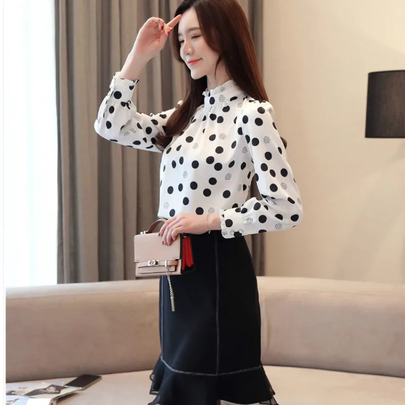 Autumn Fashion Women Chiffon Shirts Long Sleeve Polka Dot ruffless Women Blouses Casual Stand Collar Women Tops