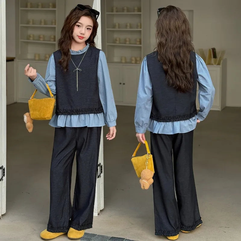 Back To School Clothing for Girls Outfits Set Toddler Kids Vest +Blue Shirt + Pants 3pcs Teens Kids Costumes