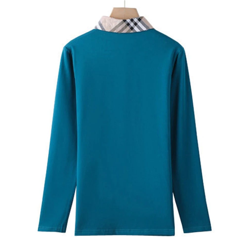 Clothing T-shirt, women's lapel top, contrasting collar, long sleeved shirt, knitted cotton, all season wear, blue, pink, black