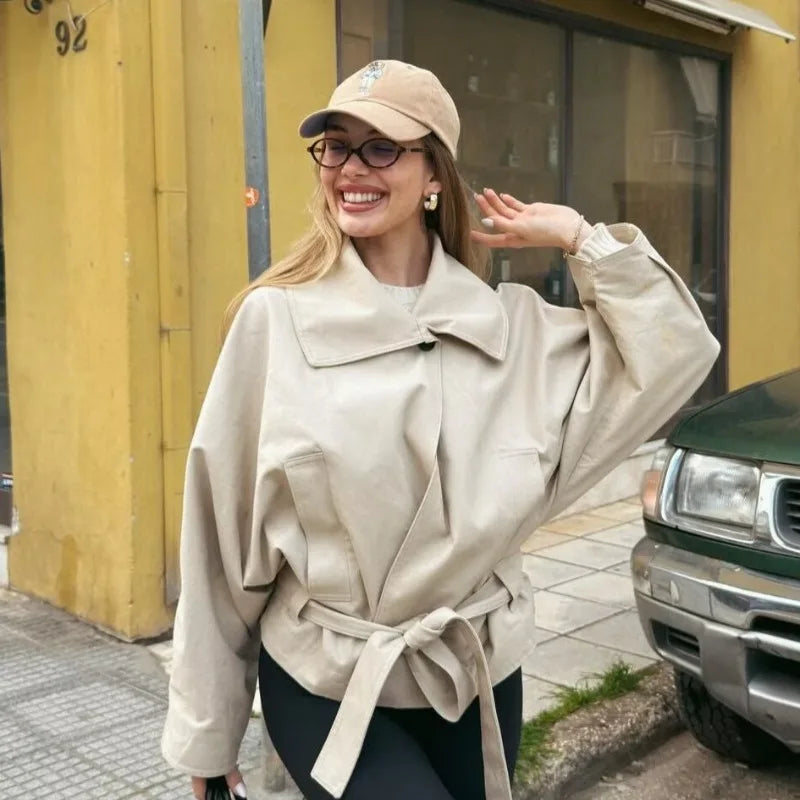 Cross-border European and American Women's Clothing  Popular Spring and Autumn Fashion Temperament Casual with Belt Trench Coat