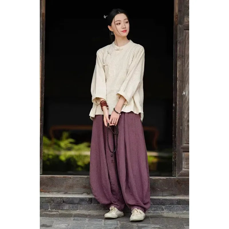 Chinese Style Clothing 2-piece Set Women's Autumn Cotton Linen Long Sleeve Top Loose Trousers Retro Diagonal Placket Set Pants