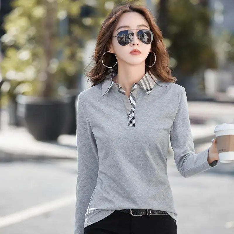 Clothing T-shirt, women's lapel top, contrasting collar, long sleeved shirt, knitted cotton, all season wear, blue, pink, black