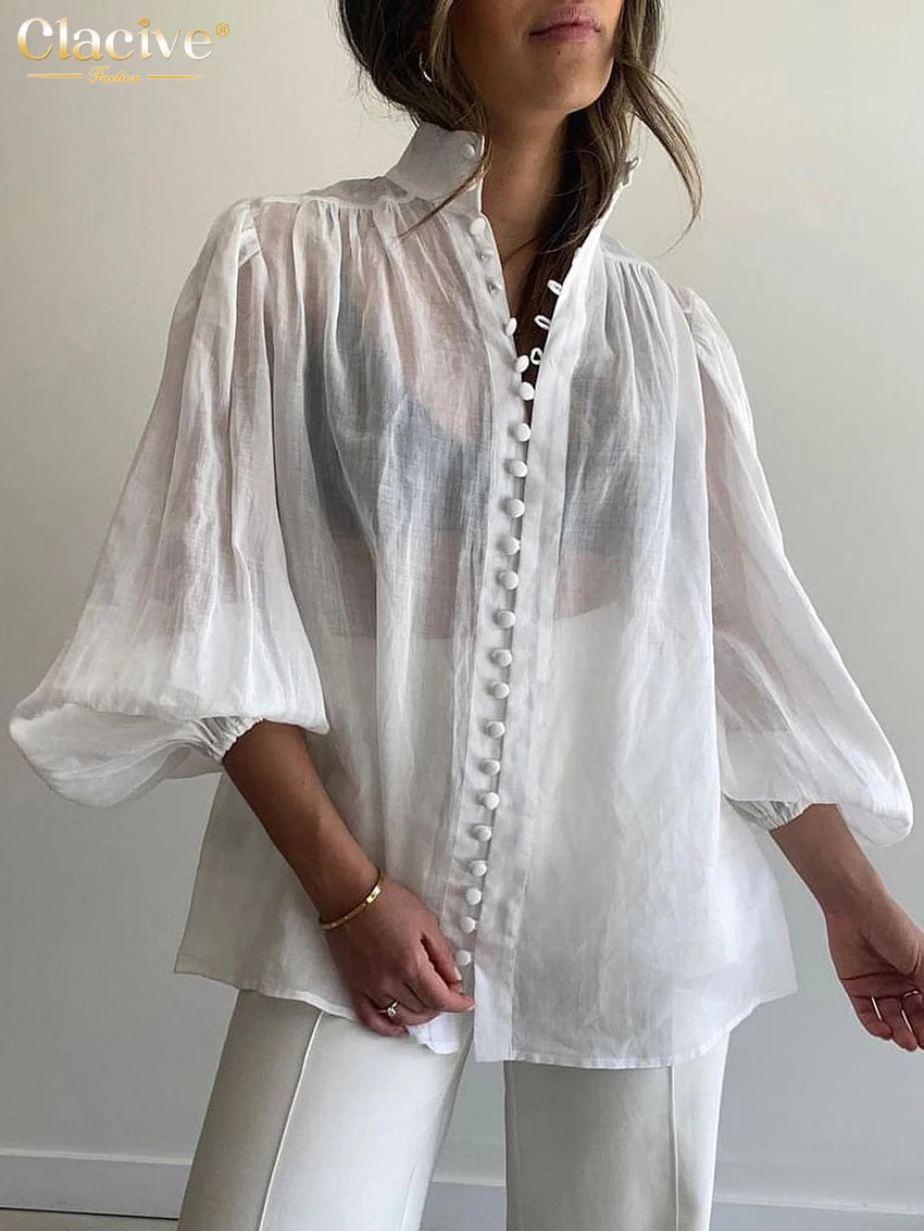 Clacive Fashion White Cotton Woman Blouse  Elegant Stand Collar Puff Sleeve Shirts Casaul Classic Blusa Tops Female Clothing