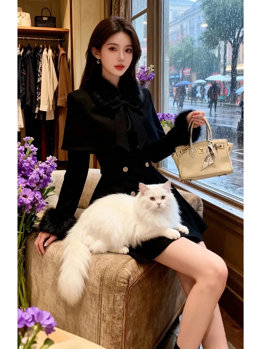 Woolen Cloak Dress Set for Women Autumn Winter High Waist  Knot Mid-Length Fashionable Two-Piece Suit