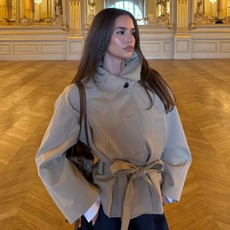 Cross-border European and American Women's Clothing  Popular Spring and Autumn Fashion Temperament Casual with Belt Trench Coat