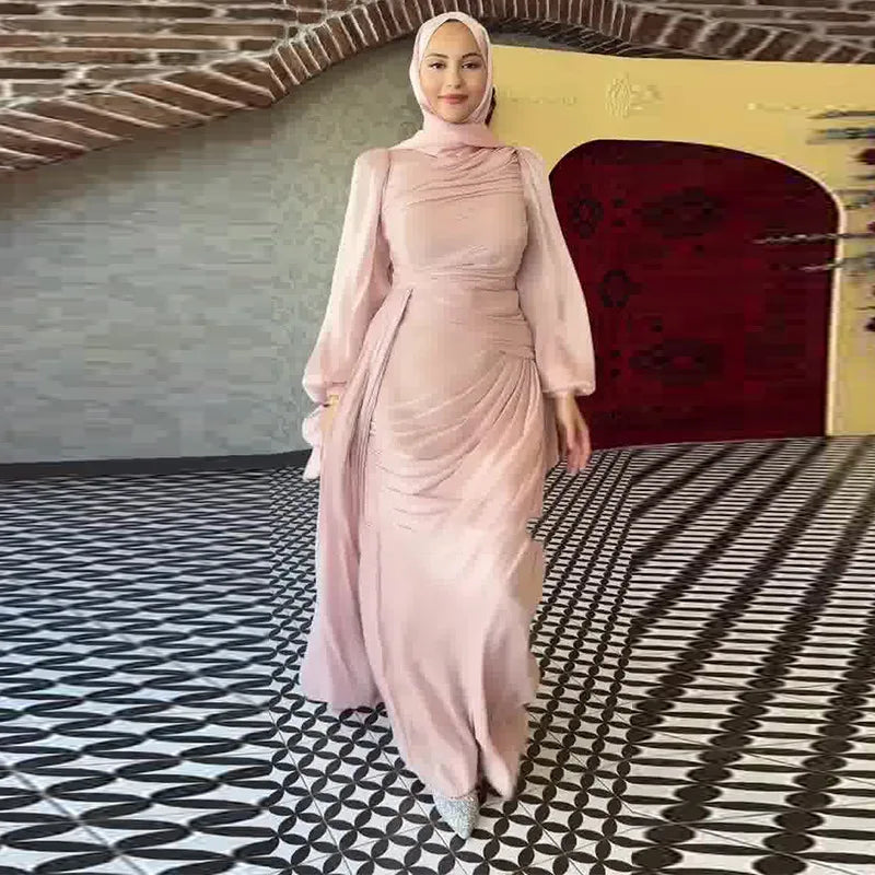 Islamic Clothing Modest Fashion Kaftan Luxury Organza Dress Women Shiny Modest Dress Elegant Ruffle Design Evening Gown