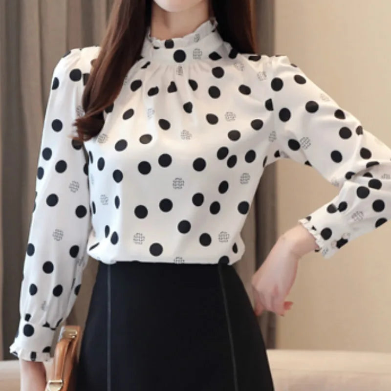 Autumn Fashion Women Chiffon Shirts Long Sleeve Polka Dot ruffless Women Blouses Casual Stand Collar Women Tops