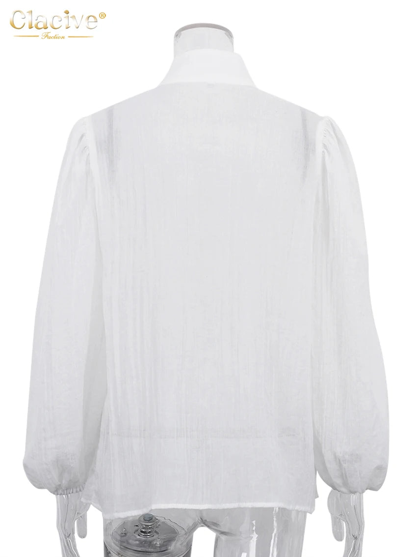 Clacive Fashion White Cotton Woman Blouse  Elegant Stand Collar Puff Sleeve Shirts Casaul Classic Blusa Tops Female Clothing
