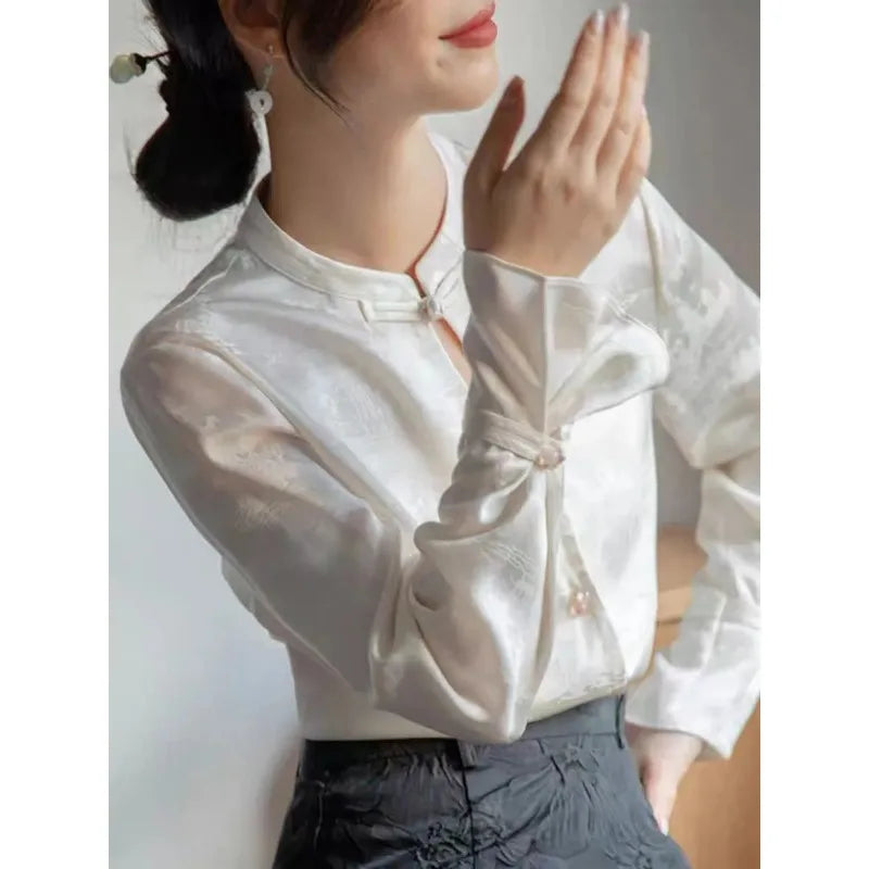 Women's Clothing Chinese Style Button-up Tees Brocade Collar Shirt