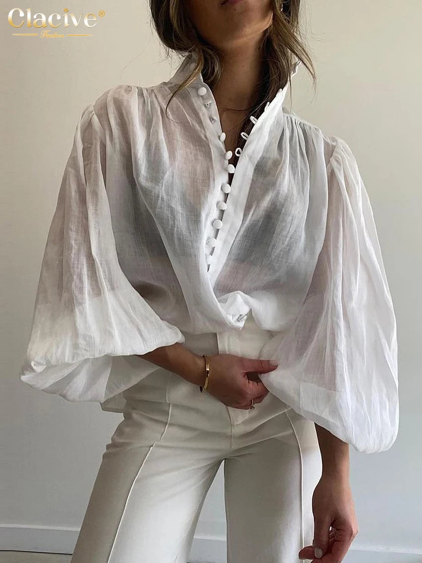 Clacive Fashion White Cotton Woman Blouse  Elegant Stand Collar Puff Sleeve Shirts Casaul Classic Blusa Tops Female Clothing