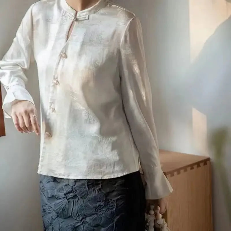 Women's Clothing Chinese Style Button-up Tees Brocade Collar Shirt