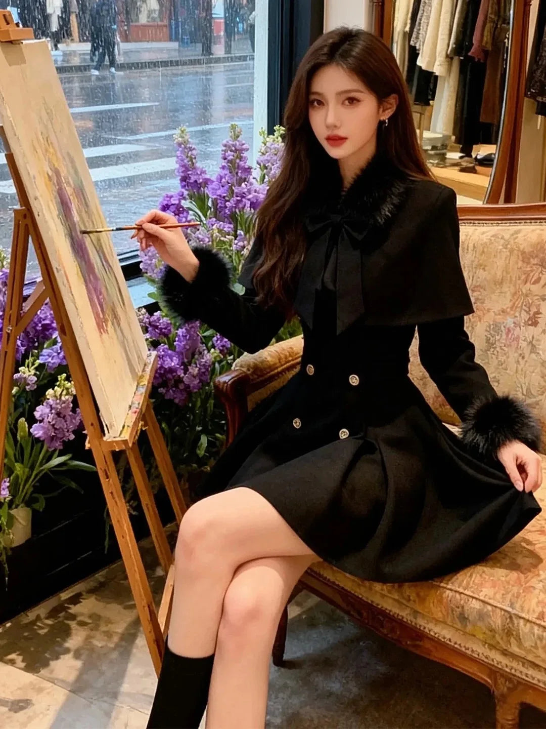 Woolen Cloak Dress Set for Women Autumn Winter High Waist  Knot Mid-Length Fashionable Two-Piece Suit