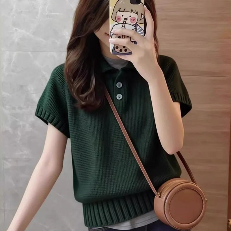 Women's Clothing Vintage All-match Solid Knit T-shirt Summer Fashion Turn-down Collar Button Short Sleeve Pullove Lady Y2k Tops