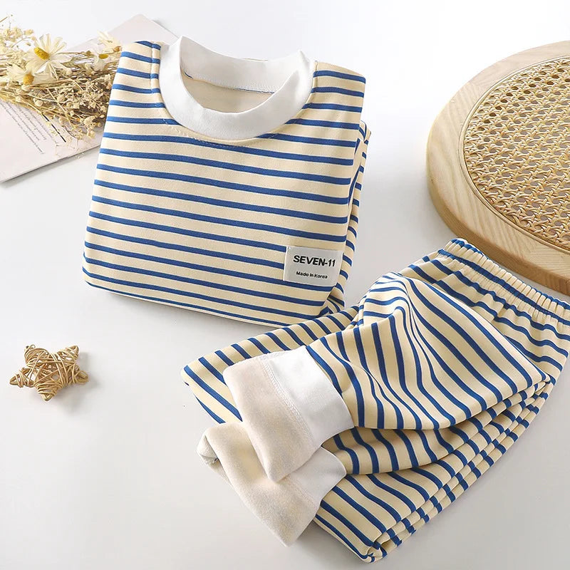 Children's Home Clothing, Autumn and Winter Warm Clothes, Girls' Long Sleeved Top with Plush Bottom, Boys' Top and Pants Set